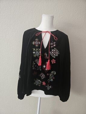 Zara Terez Black Velvet Embroidered Blouse with Pink Tassel Tie